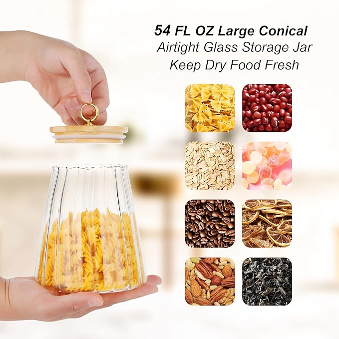 Glass Coffee Nuts Canister, Airtight Jar Bamboo Lid 54 FL OZ, Large Conical