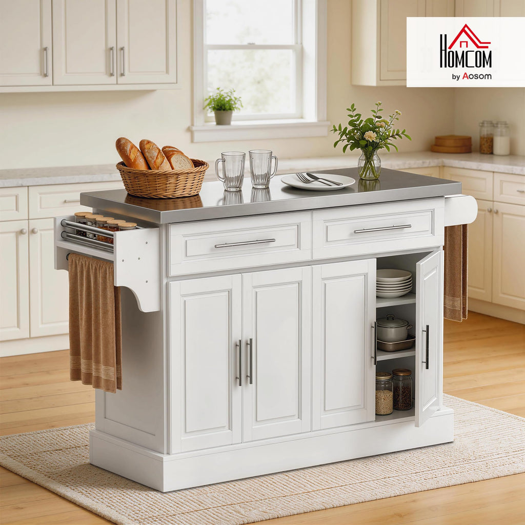HOMCOM Rolling Kitchen Island Cart with 47" Stainless Steel Top White