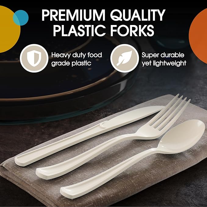Party Solids Ivory Plastic Silverware Heavy Duty 150 Pieces Ivory Disposable Silverware Heavy Duty, Utensil Sets, 50 Of Each Forks, Knives & Spoons Disposable Cutlery Set For Party Supplies