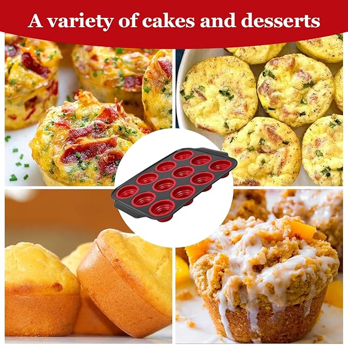 Silicone Muffin Pan, 12-Cup Nonstick Silicone Muffin Pans for Baking, Food-Grade Cupcake Pan for Oven, Microwave, Dishwasher Safe, BPA-Free Silicone Baking Mold for Muffins, Cupcakes, Egg Muffins