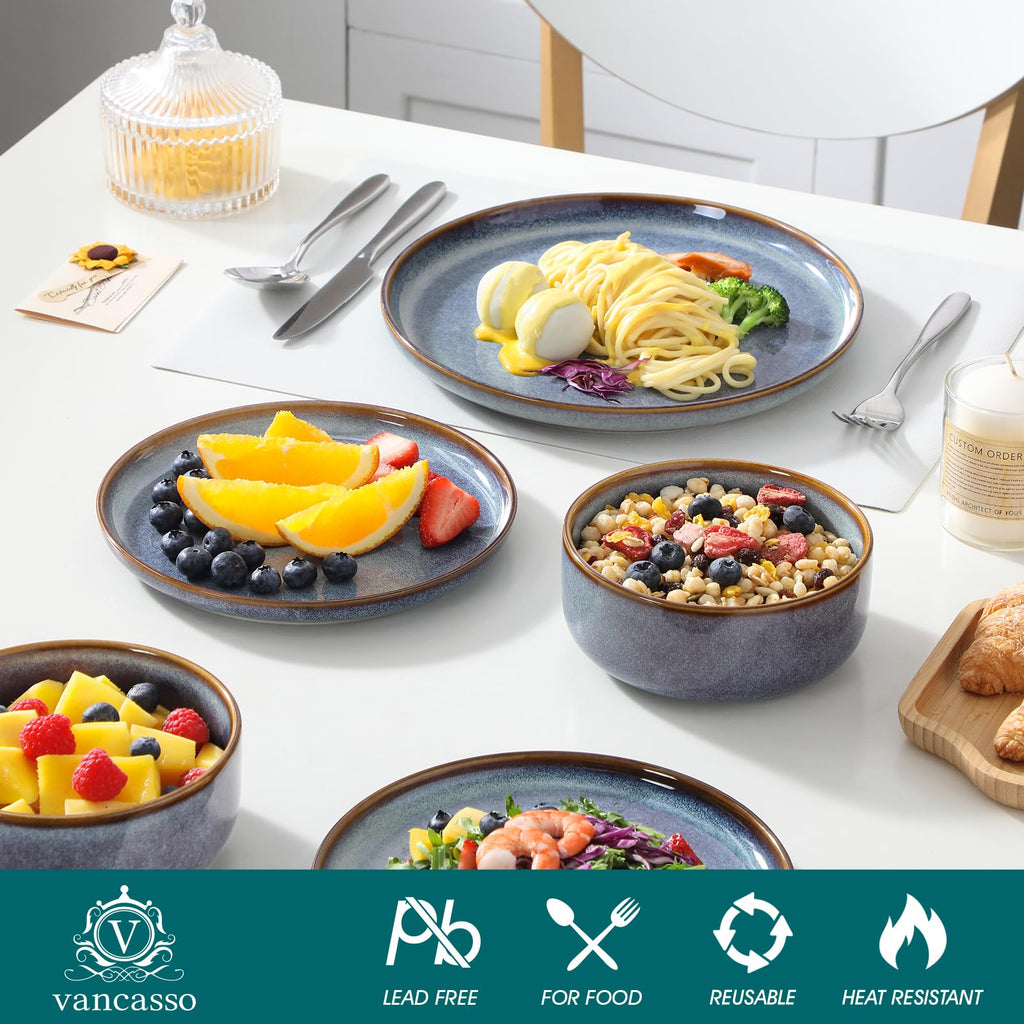 vancasso PLAYA Plates and Bowls Sets, 12 Pieces Grey-Blue Dinnerware Sets for Kitchen, Reactive Glaze Dishes Set for 4, Dishwasher and Microwave Safe