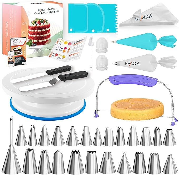 RFAQK 90PCs Cake Decorating Kit for Beginners, Baking Supplies Includes Cake Turntable, Cake Leveler, 24 Icing Piping Tips, 56 Piping Bags, 2 Couplers, Spatulas, Scrapers, Video Course and Booklet