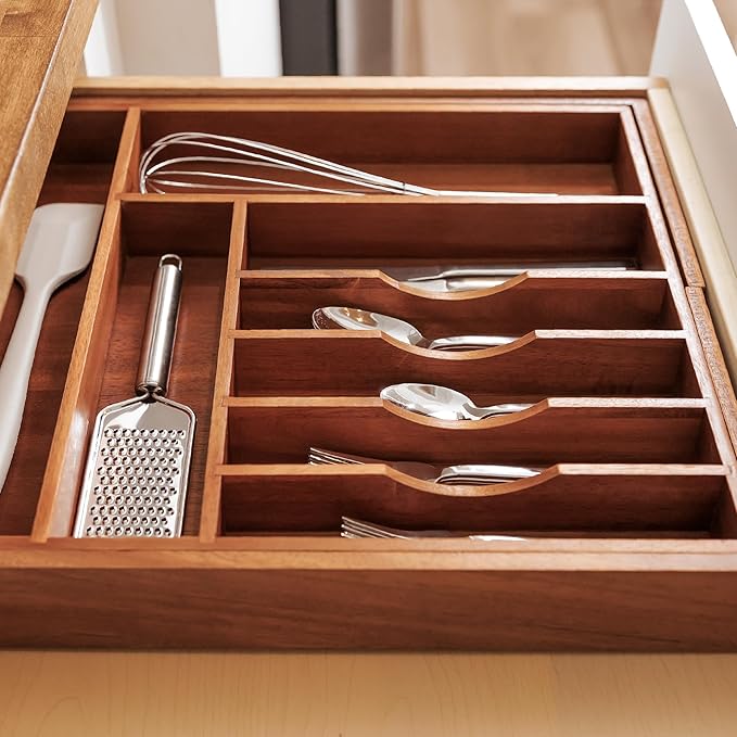 KitchenEdge Silverware & Utensil Drawer Organizer, 16-28 in, Acacia