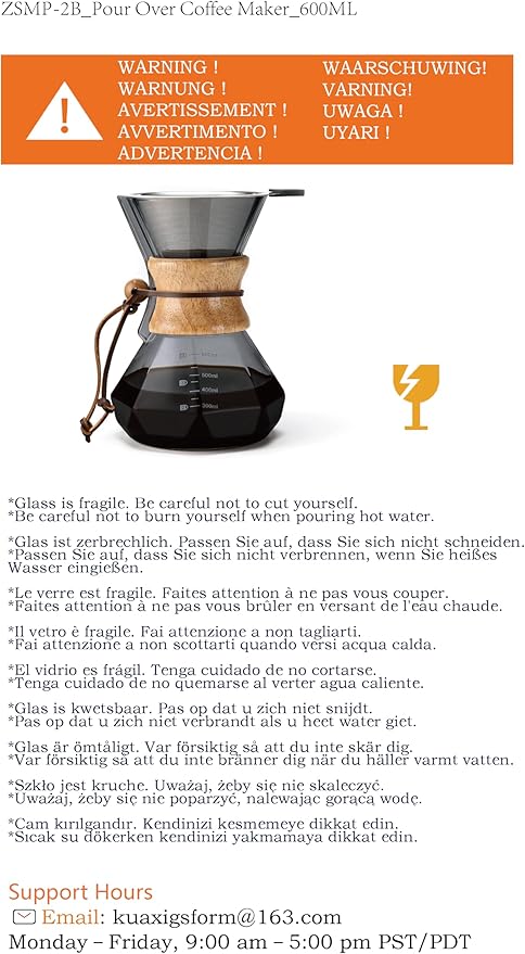 Lalord Pour Over Coffee Maker, 600ml/20oz Borosilicate Glass Carafe, Stainless Steel Filter, Wooden Collar, 3-4 Cups Serving, Gray
