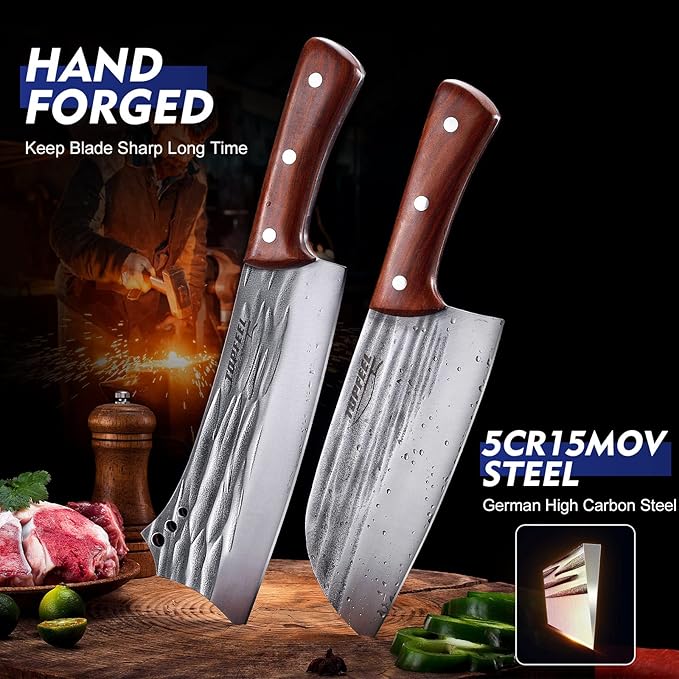 Topfeel 2-Piece Hand-Forged Meat Cleaver Set with Heavy-Duty Bone Chopper