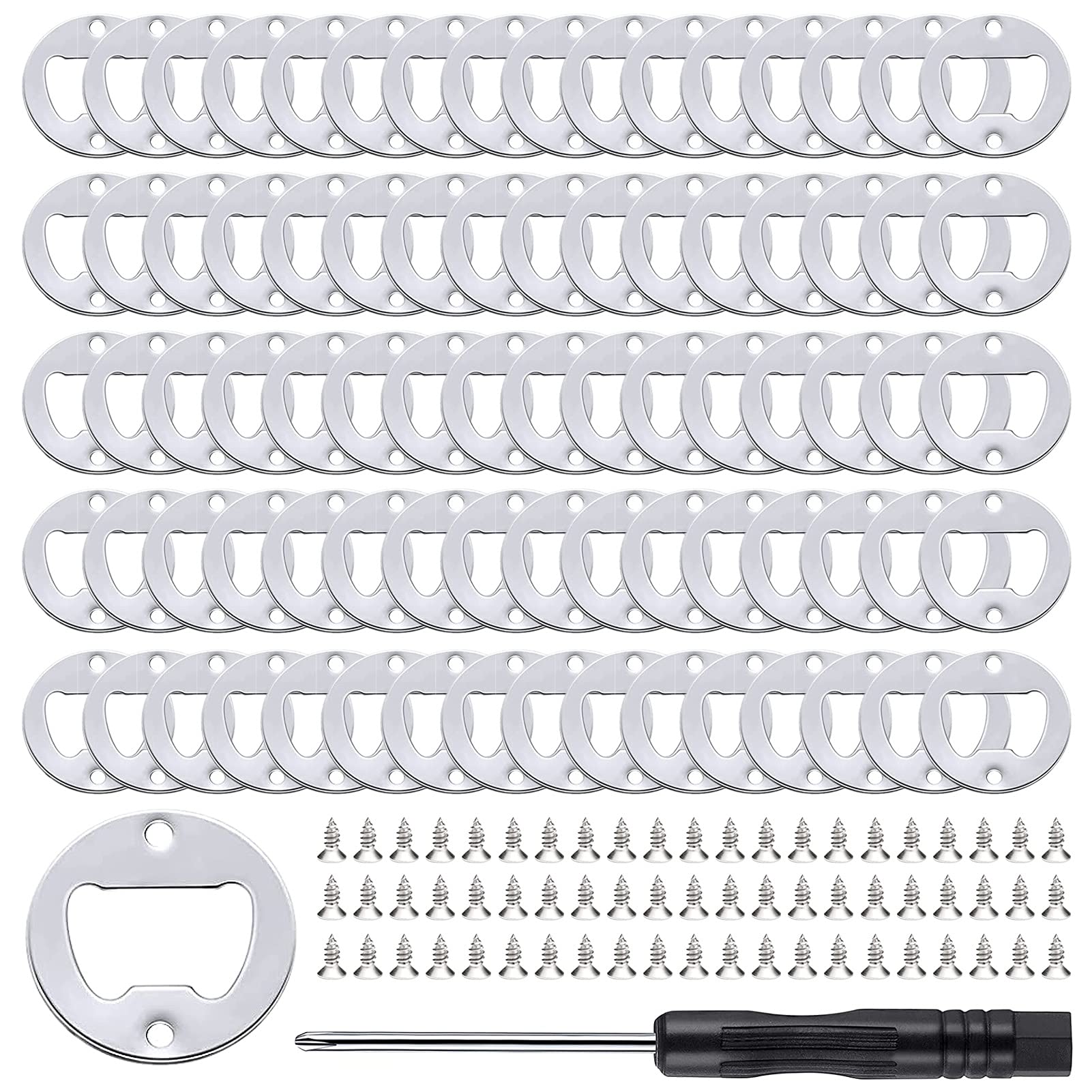 moonoom 80Set DIY Bottle Opener Insert Kits, 80 Rustproof Metal Bottle Opener Inserts + 160 Screws + Screwdriver, Silver 80