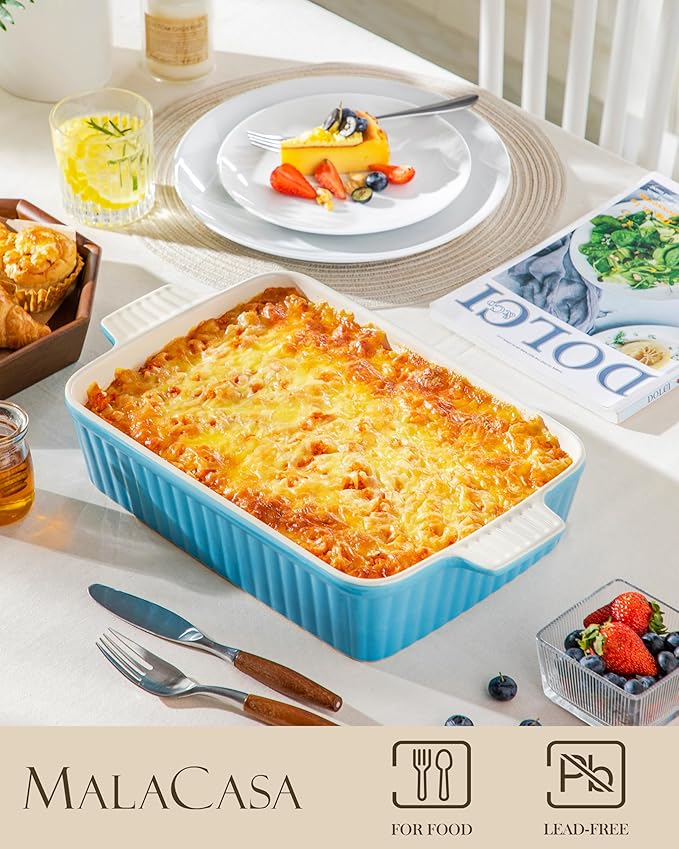 MALACASA 4.4 QT Ceramic Casserole Dishes for Oven, 9x13 Baking Dishes, Blue