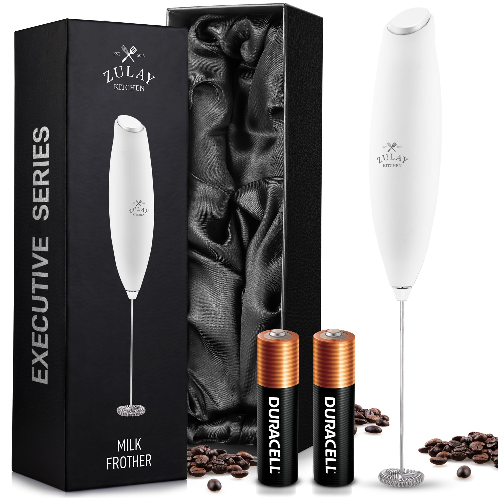 Zulay Milk Frother Wand – Handheld Electric Coffee Frother, Battery Operated Drink Mixer – 13,000 RPM Titanium Motor, Detachable Whisk, Easy Clean Foam Maker for Latte & Matcha – Executive White