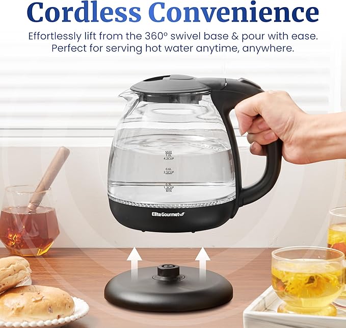 Elite Gourmet EKT1001B 1.0L Electric Glass Kettle, 1100W, Graphite Black