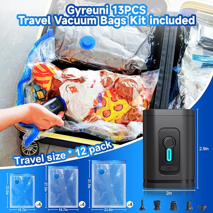 Gyreuni Travel Vacuum Storage Bags Combo Portable Wireless Electric Pump,12 Pack Compression Bags for Travel,Space Saver Vacuum Storage Bags for Clothing and Luggage