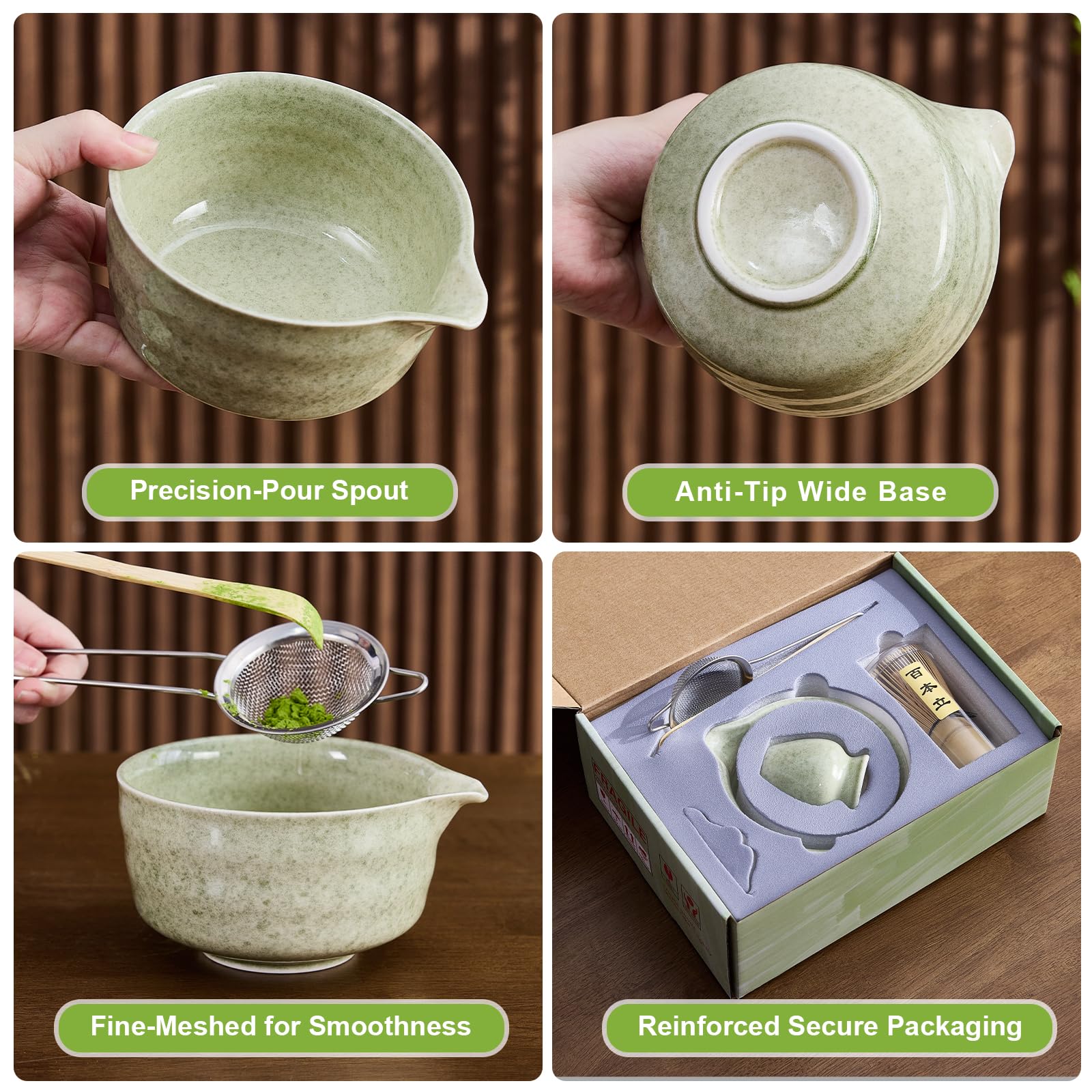 Nigwet 5Pcs Matcha Whisk Set - Matcha Bowl with Spout, 100% Bamboo Whisk (Chasen), Holder, Stainless Sifter, Tea Scoop. Japanese Ceremony Matcha Kit for Beginners, Ideal Gift for Tea Lovers (Green)