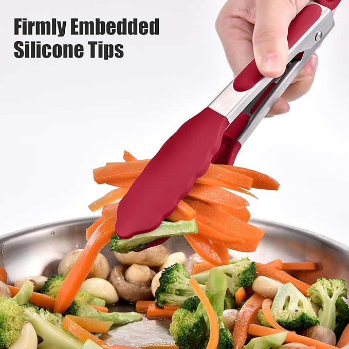 Doosu Kitchen Tongs with Silicone Tips for Cooking Serving (7in, Red)
