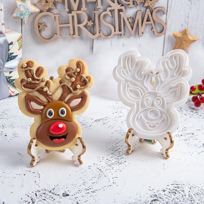 Flycalf Reindeer Cookie Cutters Christmas Shapes with Plunger Stamps Holiday PLA Baking Accessories Cutter Molds Gifts Decorative Party 3" Kitchen Cake Supplies