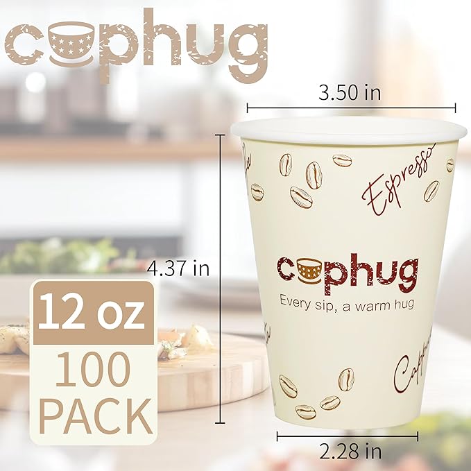 cuphug 12 oz Disposable Coffee Cups with Lids, Sleeves and Straws 100Pack, Thickened Leak-Proof Insulated Paper Cups for Hot Drinks, Home, Office, Cafe, Party