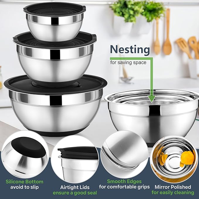 P&P CHEF Mixing Bowl with Lid Set of 3, Stainless Steel Salad Bowls, Black