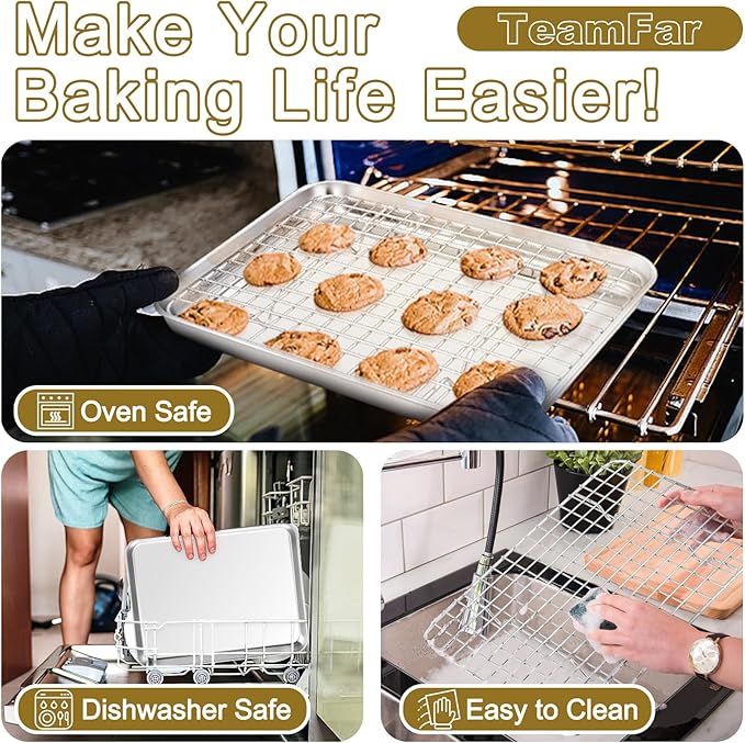 TeamFar Baking Sheet with Rack, Stainless Steel Sheet Pan-16/12.5/9 Inch