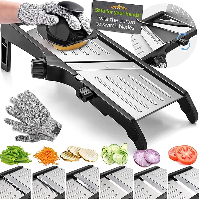 Gramercy Adjustable Mandoline Slicer for Kitchen, Potato Cutter, Vegetable Chopper, Mandolin, Cucumber Slicer- INCLUDING One Pair Cut-Resistant Gloves and Waffle Fry Cutter
