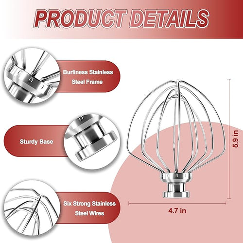 100% Stainless Steel Wire Whip for KitchenAid Stand Mixer, Dishwasher Safe 6-Wire Whisk Attachment Replacement for 4.5-5 QT Tilt-Head Mixers (K45WW), No Black Residue & Anti-Rust