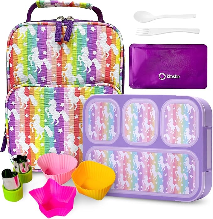 kinsho Bento Lunch Box with Insulated Bag, Ice Pack and Accessories for Girls. Snack Containers with 4 Compartment Dividers for Toddlers Pre-School Daycare BPA Free Set, Utensils, Rainbow Unicorn