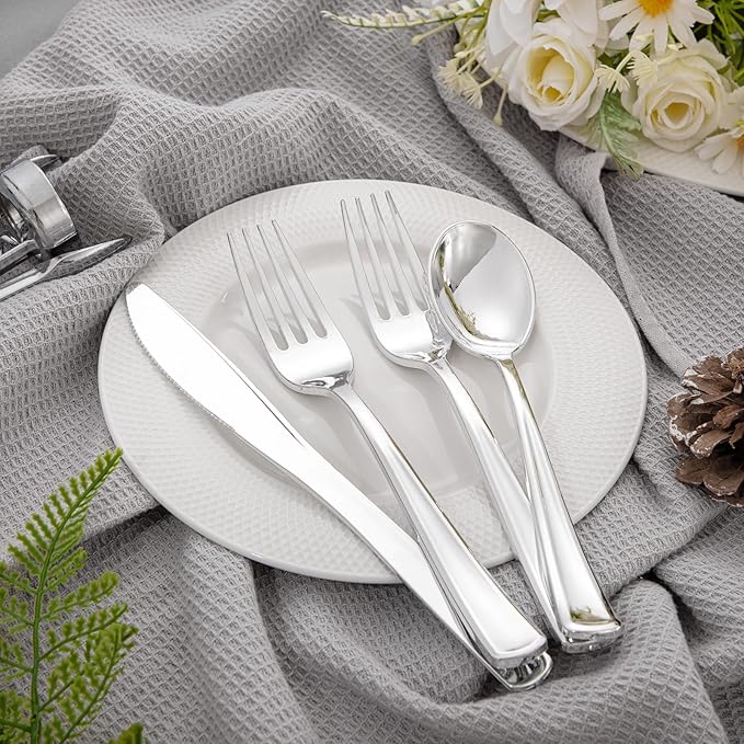 Liacere 100 Pack Silver Plastic Silverware-Pre Wrapped cutlery and Napkin-Pre Rolled Silverware Disposable 100 Forks, 100 Knives 100 Spoons, 100 Napkins Plastic Utensils＆Wedding