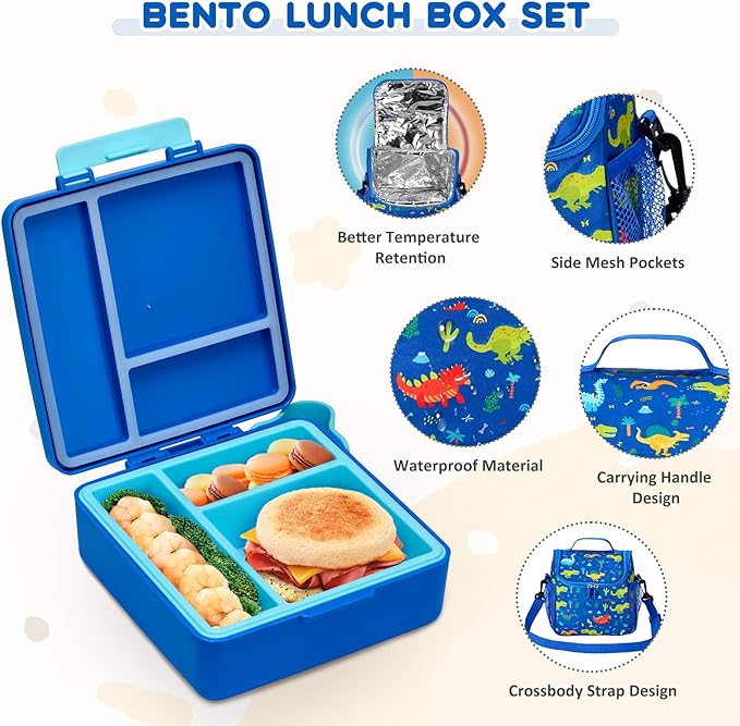 Pawtong Lunch Box Set with Bento Box Container, 17OZ Stainless Steel Food Soup Thermo, Kids Water Bottle & Portable Insulated Lunch Bag, Leakproof, Hot/Cold Retention for School, Travel (Dinasour)