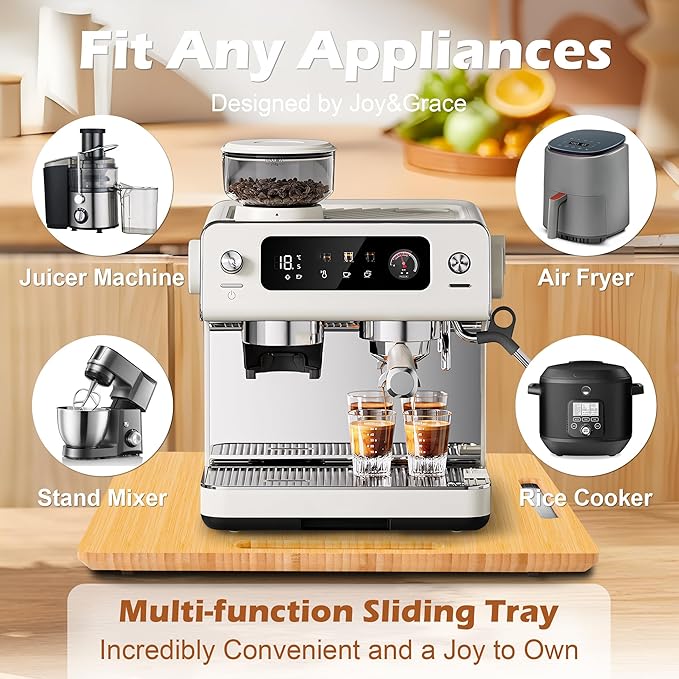 Joy&Grace Appliance Slider for Kitchen Appliances 360° Rolling Sliding Tray for Coffee Maker Countertop, Bamboo Coffee Pot Slider Rolling Tray with Universal Rollers (Natural, Large 16"x13")
