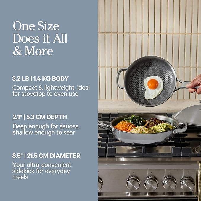 Our Place Mini Titanium Always Pan Pro | 8.5" PFAS-Free Nonstick Frying Pan with Spatula | Chef-Grade Tri-Ply Stainless Steel & Aluminum Build | Induction & Oven-Safe up to 1000°F | Chrome