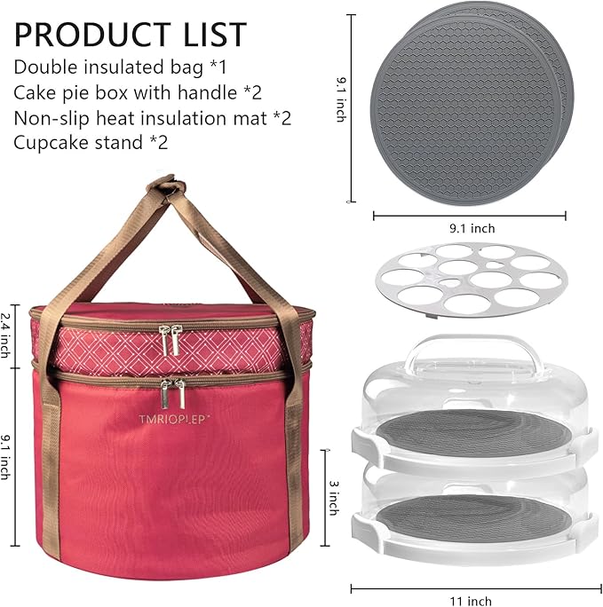 Tmrioplep 2 Pack Pie Carrier with Lids and Handles, Loadable Cupcake or Pizza Storage Containers, Includes Insulated Bags and Insulated Non-Slip Pads, Perfect for Transportation (Red)