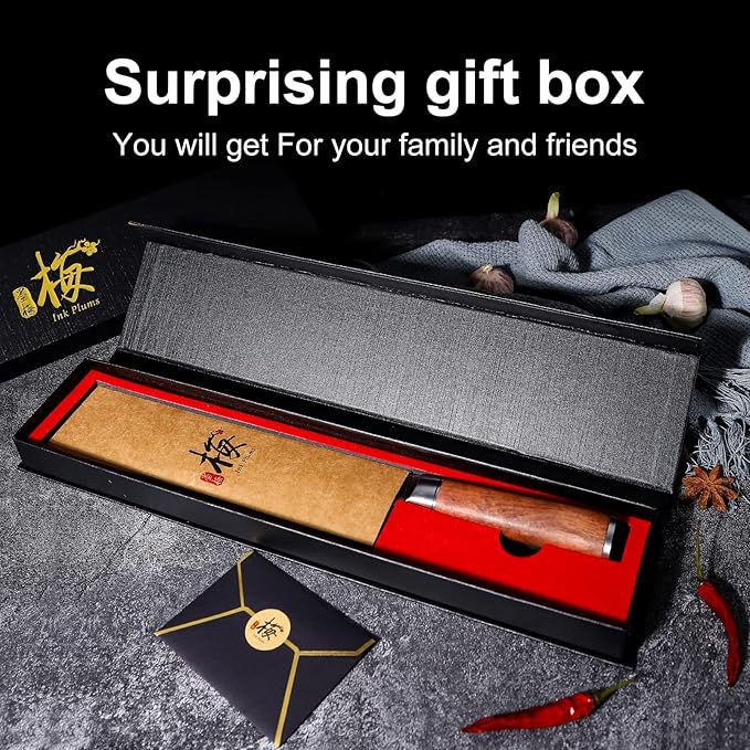Ink Plums 8 inch Kitchen Chef's Knife, German High Carbon Stainless Steel Sharp Knife, Professional Meat Knife with Brazilian Rosewood Handle and Gift Box for Family & Restaurant