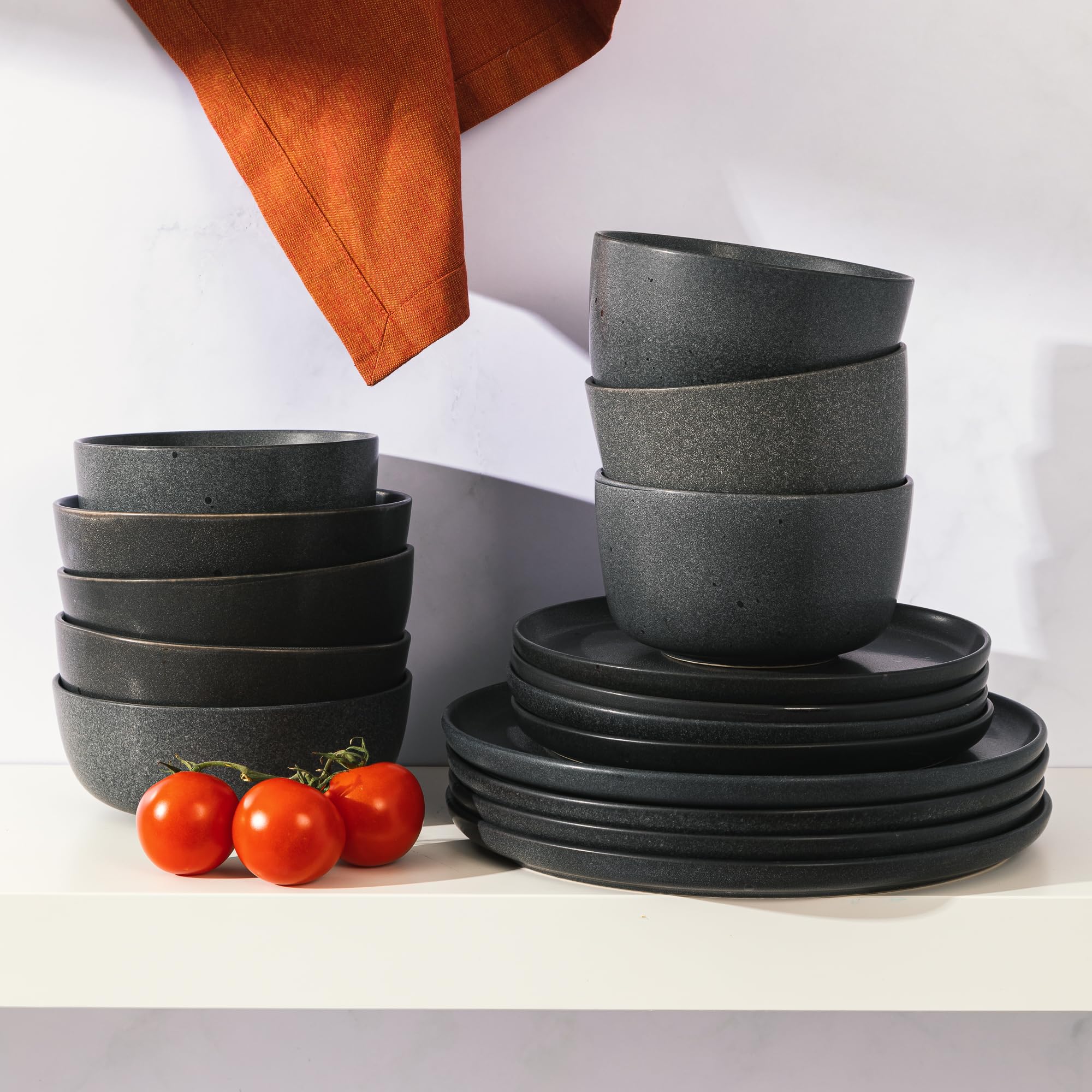 Gibson Elite James Street Stoneware Matte Reactive Double Bowl Dinnerware Set - Truffle Grey, Service for 4 (16pcs)