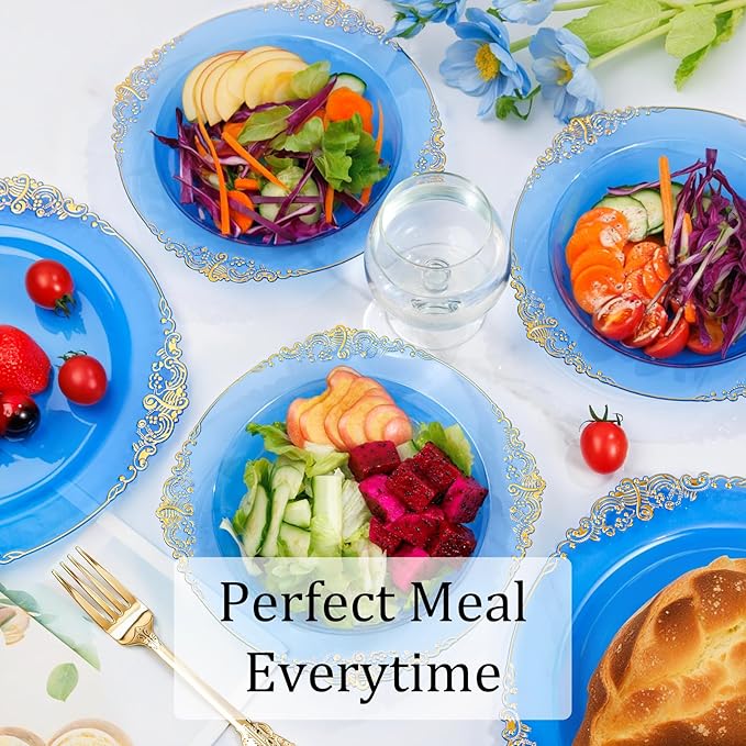 Nervure 50PCS Blue Plastic Bowls with Gold Rim - 12oz Disposable Soup Bowls
