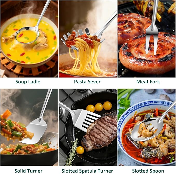 Lazycorner Kitchen Utensils Set, 11pcs Stainless Steel Cooking Utensils Set with Holder – Includes Turners, Potato Masher, Spatula, Spoons, Pasta Server, Tongs, Soup Ladle, Serving Spoon