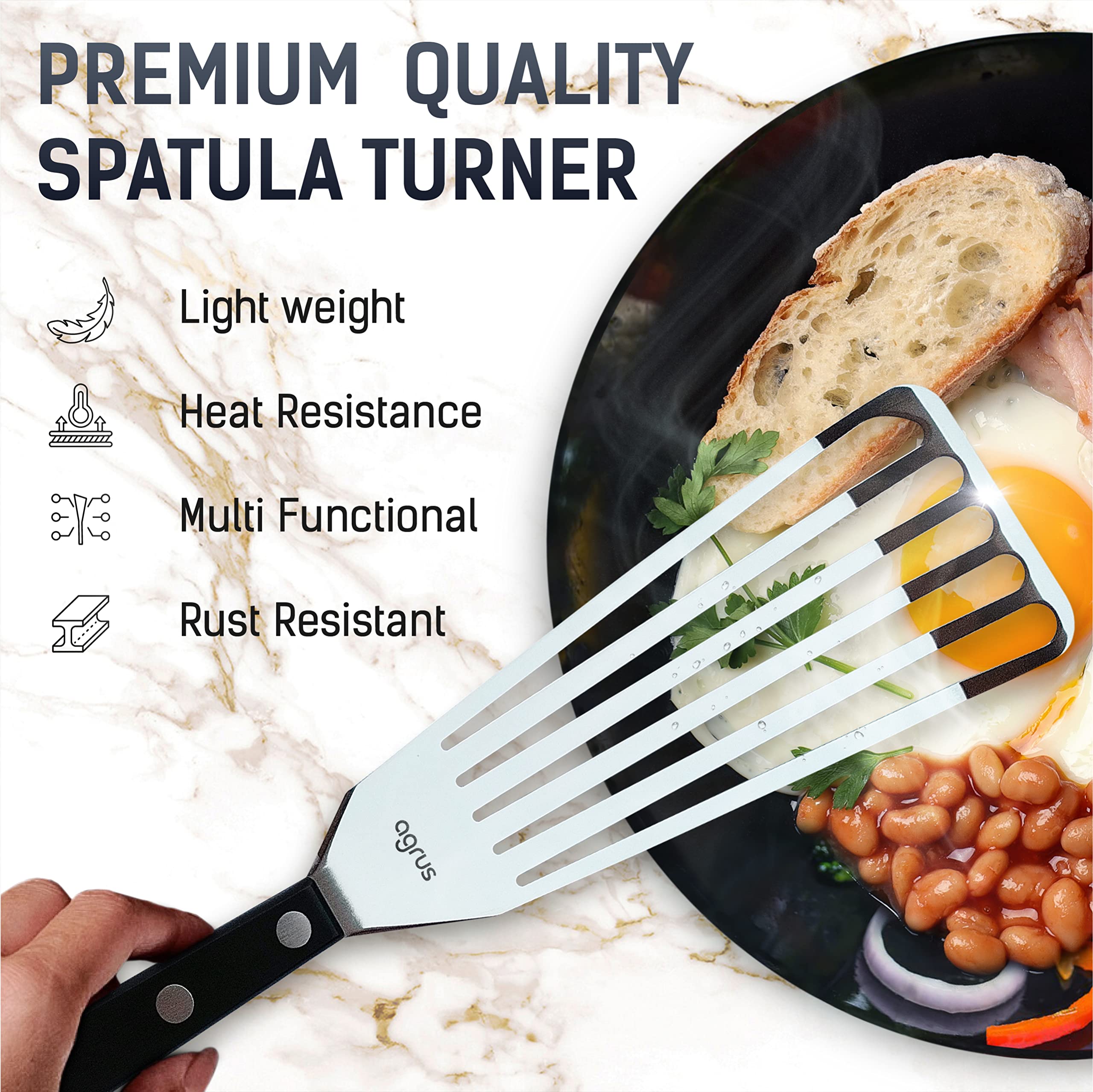 AGRUS Fish Spatula Stainless Steel, Large Size 13 inch, Blade 9 inch, Plastic Handle, Slotted Flexible Metal, Fish Turner Spatula