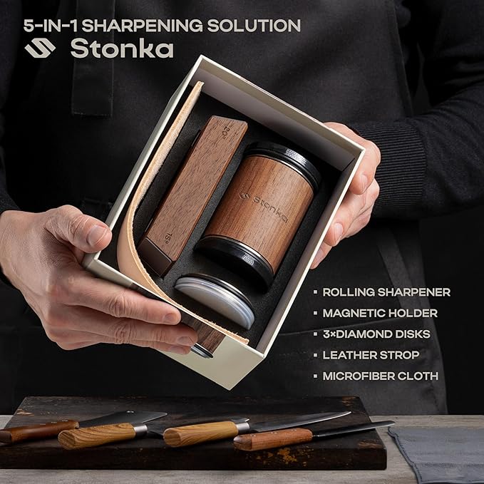 Stonka Walnut Rolling Knife Sharpener Kit – Premium Dark Wood, Diamond Wheels, Magnetic Angle Guide 15° & 20°, Leather Strop – Giftable Packaging