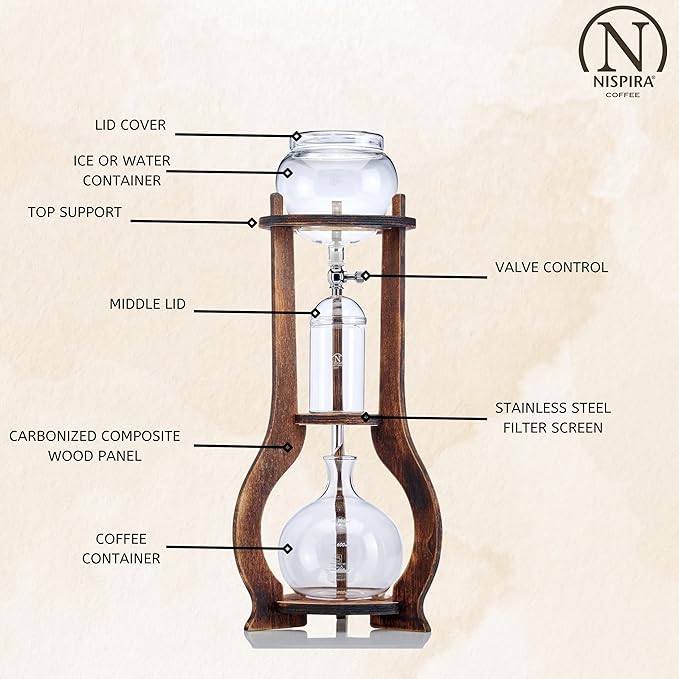 Nispira Iced Coffee Cold Brew Drip Tower Coffee Maker, 6–8 Cup Manual Cold Brew Brewer with Adjustable Valve, Wooden Frame & Glassware, Slow Cold Extraction System