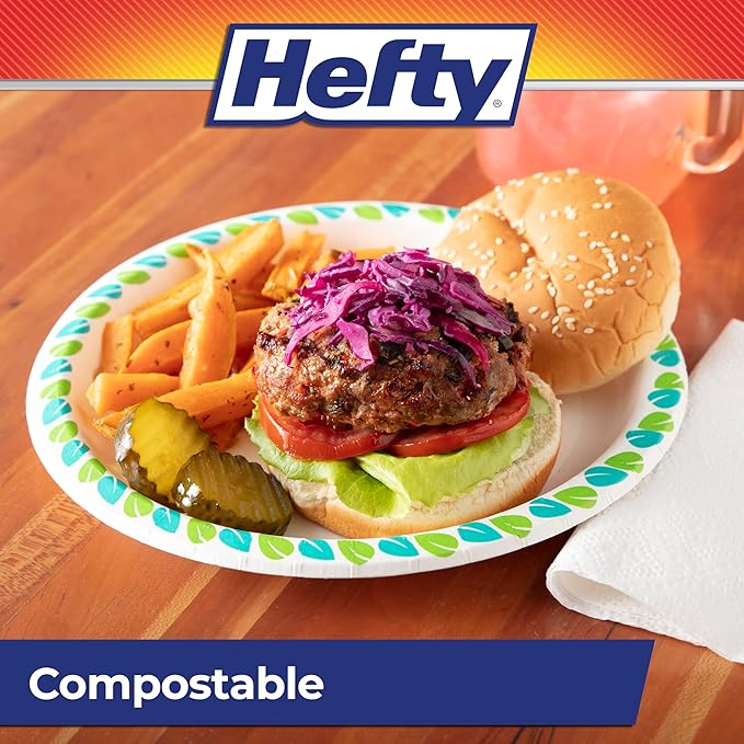 Hefty Compostable Paper Plates, 8.6 Inches, 30 Count, Patterned Disposable Plates for BBQs, Parties, Holidays, Potlucks, and Everyday, Soak-Resistant, Made with Plant-Based Materials, Microwave Safe