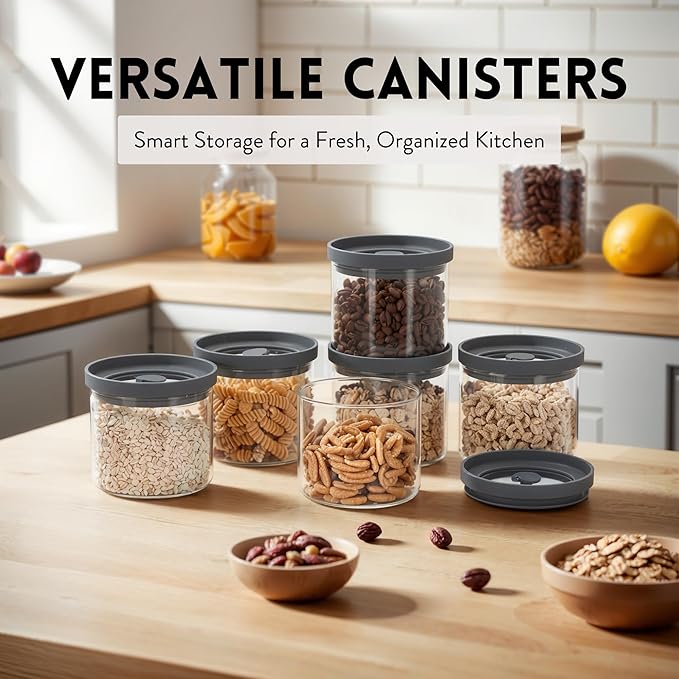 THE HAZEL PANTRY Glass Canisters with Airtight Lids Set of 6 (17.5 oz) - Borosilicate Glass Jars for Overnight Oats, Meal Prep & Pantry Storage, Stackable, BPA-Free, Dishwasher Safe Kitchen Containers