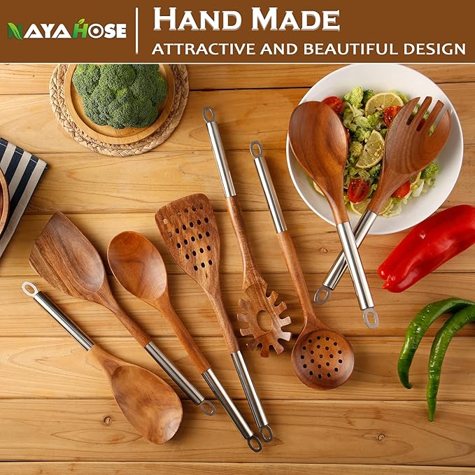 10PCS Teak Wooden Utensils Set With Holder & Spoon Rest, Stainless Handle