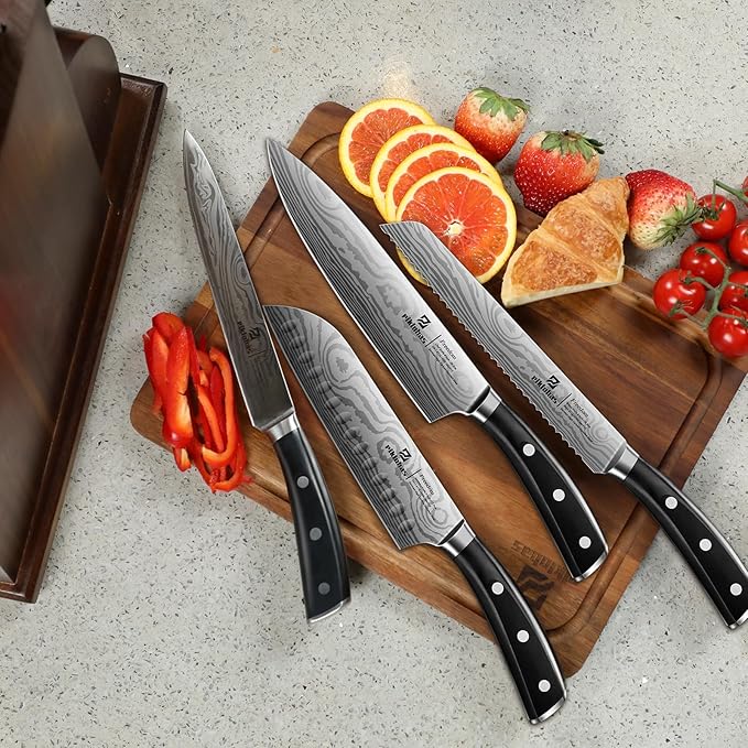 Piklohas Knife Sets for Kitchen with Block, 17 Pieces with Magnetic Knife Holder, German High Carbon Stainless Steel Damascus Pattern Chef Knife Set, Ideal for Gift