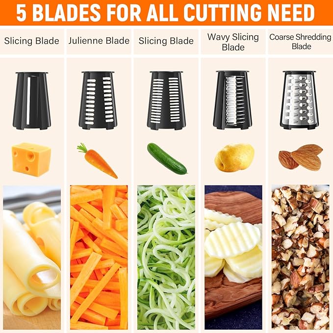 Rotary Cheese Grater Hand Crank, 5-in-1 Vegetable Chopper Spiralizer Slicer