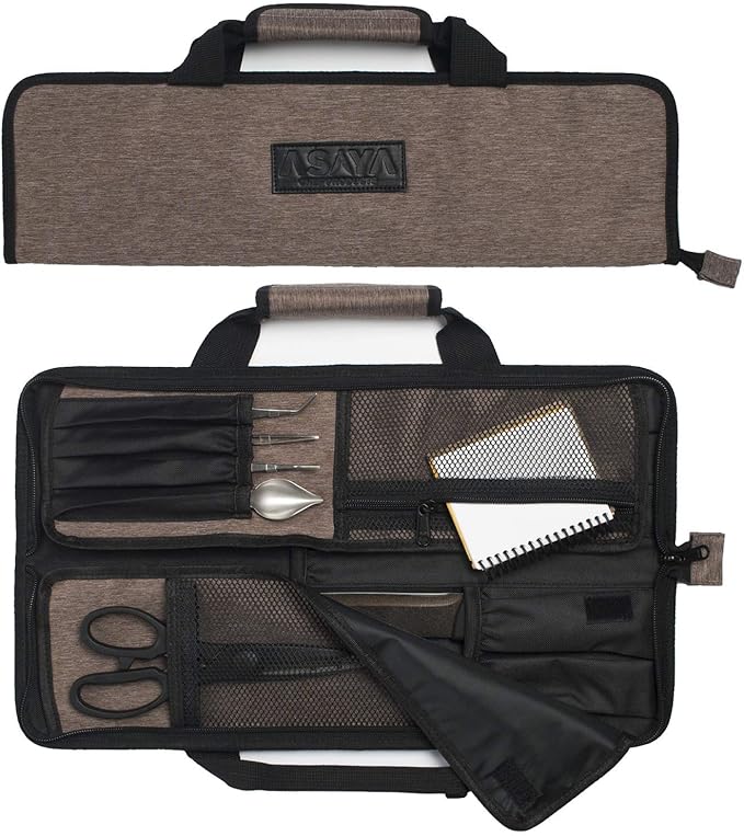 Asaya Chef Knife Roll Bag - 12-Pocket Chefs Case for Kitchen Knives and Utensils, Lightweight Stain-Resistant Waxed Nylon Chef Knife Bag - Knives Not Included (Brown)