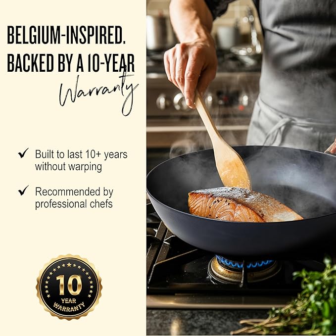 Alva Forest 8" & 11" Carbon Steel Frying Pan Set – Naturally Nonstick, Pre-Seasoned, with Acacia Wood Handle, Made Without PTFE, PFOA, PFAS – Sustainable Belgian Design, Induction & All-Stovetop Safe