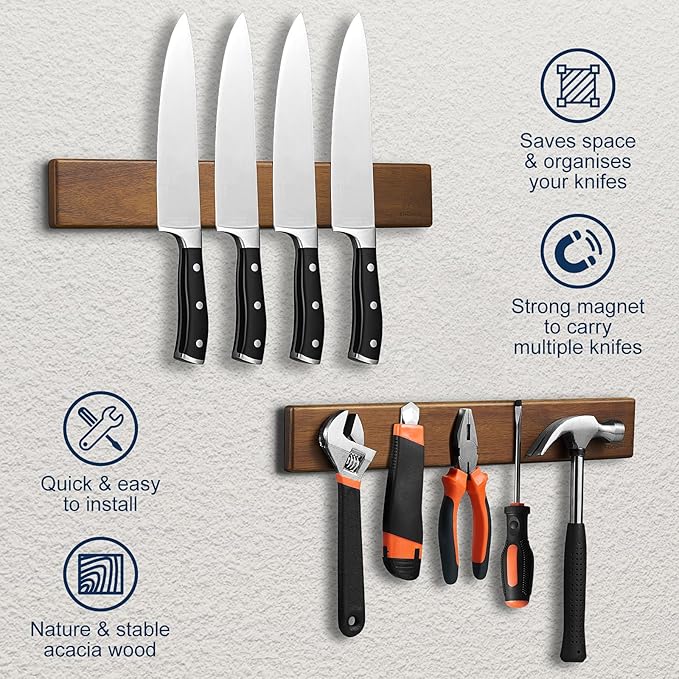 ENOKING 16 Inch Magnetic Knife Holder for Wall - Acacia Wood Knife Strip with Gold-Stamping Magnetic Gift Box - Powerful Knife Bar with 4 Hooks, No Drilling or Screw Mount