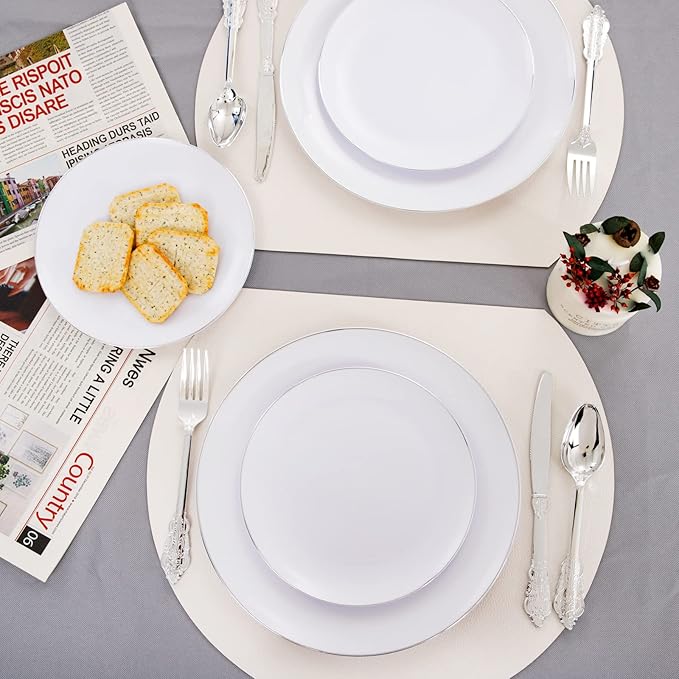 KIRE 100PCS Silver Plastic Plates - Heavy Duty White Disposable Plates with Silver Rim for Party/Wedding - Include 50Pcs 10.25inch Dinner Plates and 50Pcs 7.5inch Dessert Plates for Party