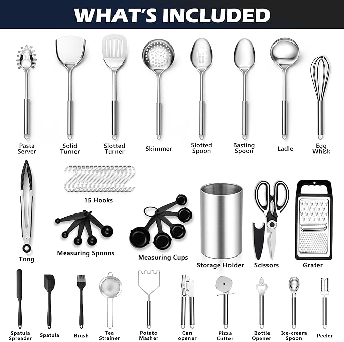 E-far Stainless Steel Cooking Utensil Set, 39-Piece Metal Kitchen Utensils