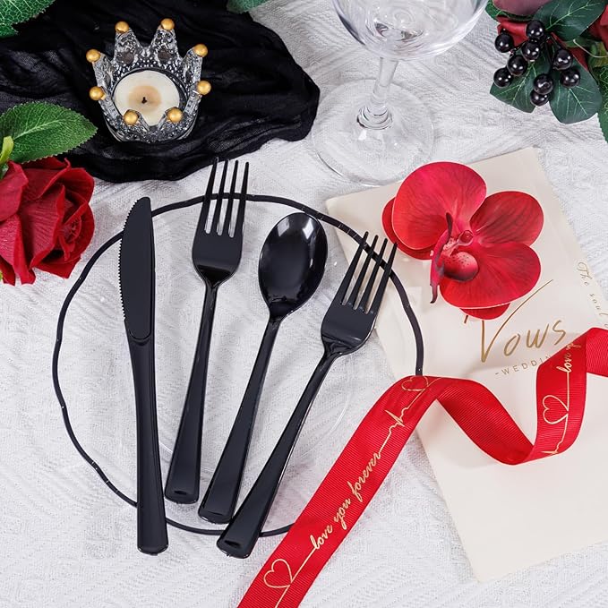 Supernal 300pcs Black Plastic Silverware, Disposable Cutlery Set