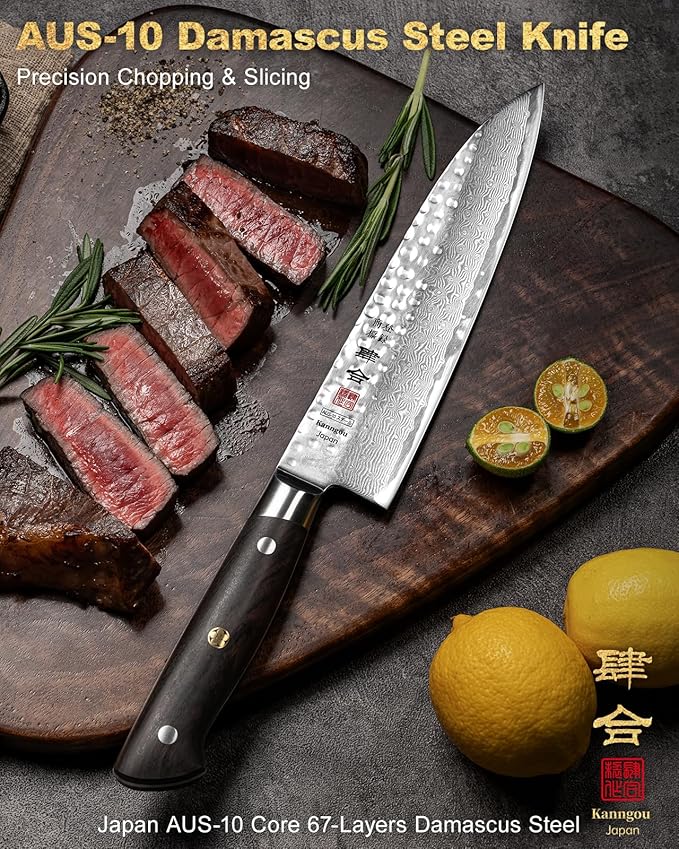 kanngou Japanese Chef Knife Kitchen Knife with 67 Layers Damascus Steel AUS-10 Core, Professional Damascus Knife with Full-Tang Ebony Wood Handle and Premium Gift Box (8.27 Inch Gyuto Chef Knife)