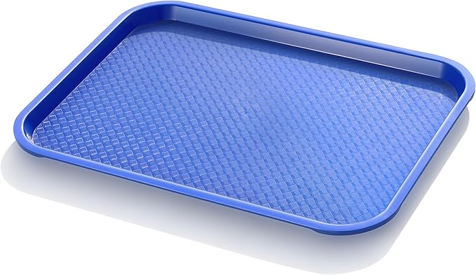 New Star Foodservice Fast Food Tray, 12 x 16 Inch Reusable Plastic Cafeteria Serving Tray, Textured Non-Slip Surface, Stackable Restaurant Tray, Blue, Set of 12