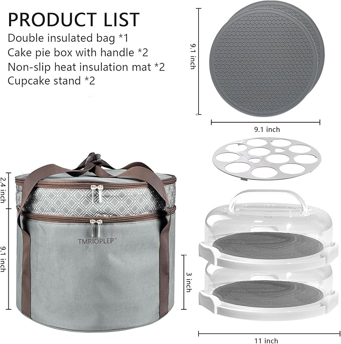 Tmrioplep 2 Pack Pie Carrier with Lids and Handles, Loadable Cupcake or Pizza Storage Containers, Includes Insulated Bags and Insulated Non-Slip Pads, Perfect for Transportation (Grey)