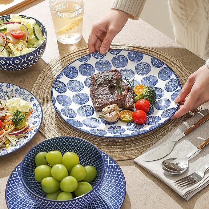 Selamica Ceramic Dinnerware Sets, 12 pcs Plates and Bowls Sets,Vintage Blue